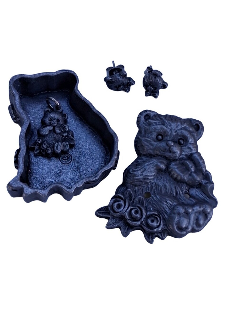 Vintage Torino Pewter Teddy Bear Trinket Box Brooch Pendant Earrings Multi Set